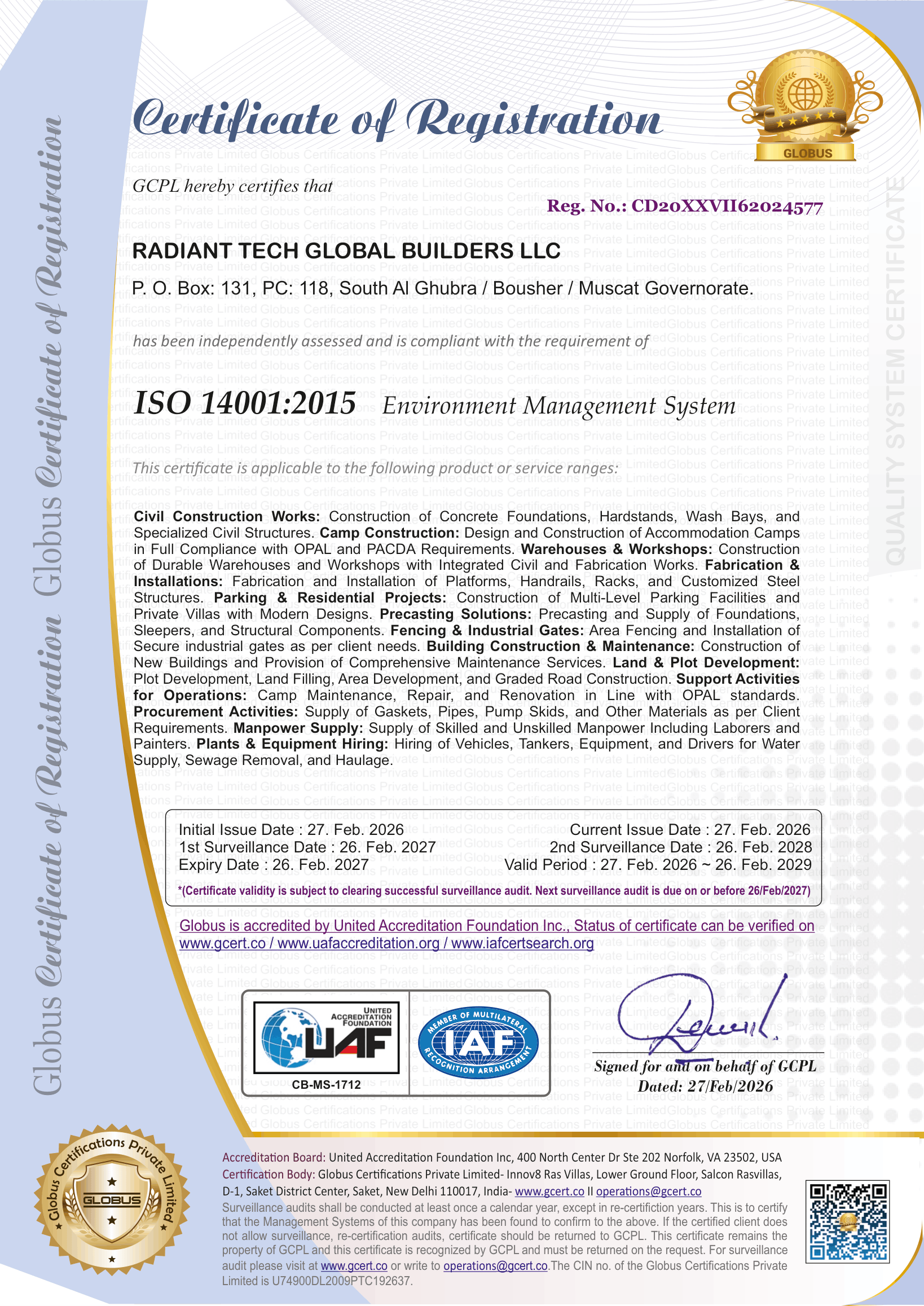 RADIANT TECH GLOBAL BUILDERS LLC - ISO 14001 - F-1