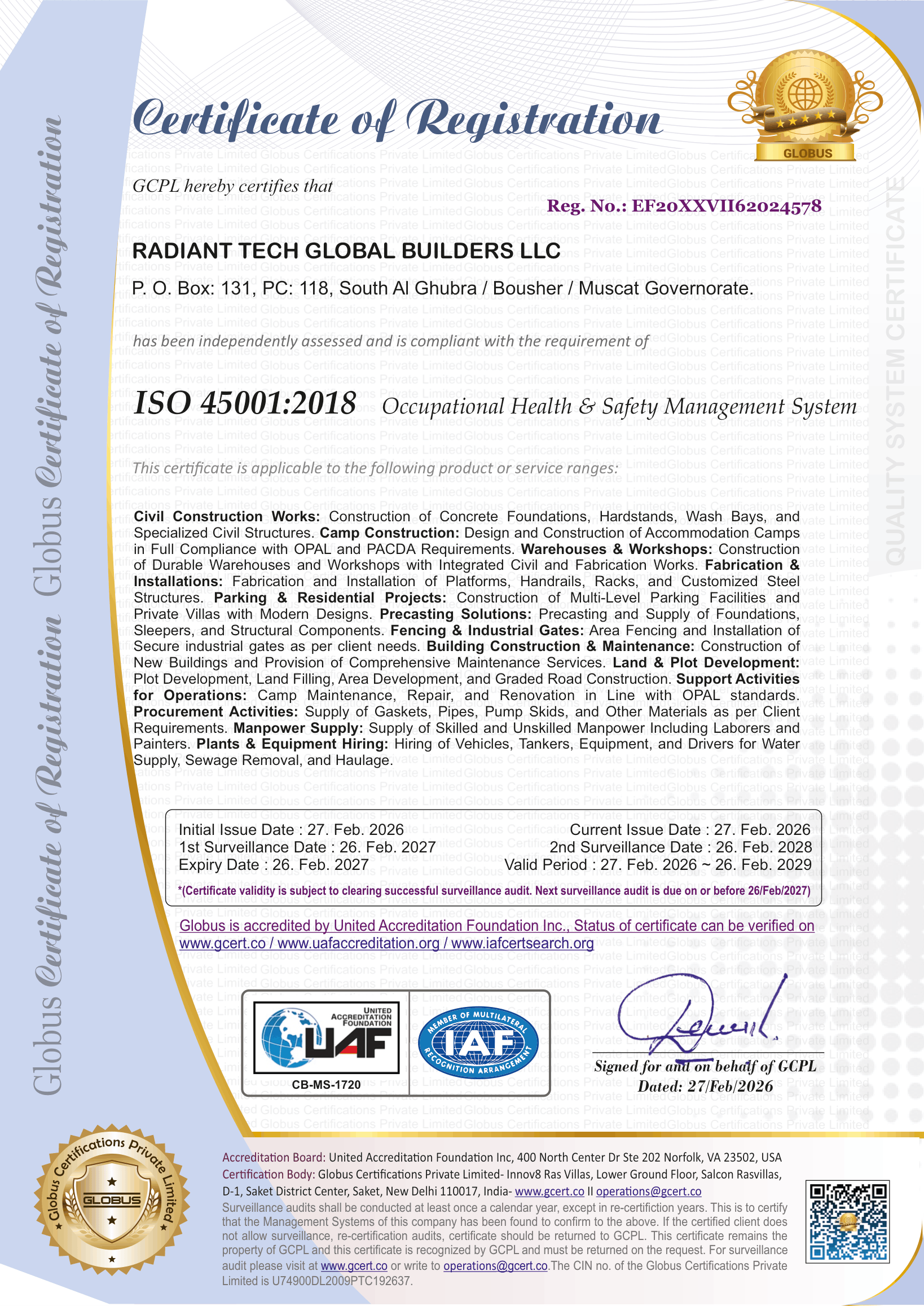 RADIANT TECH GLOBAL BUILDERS LLC - ISO 45001 - F-1